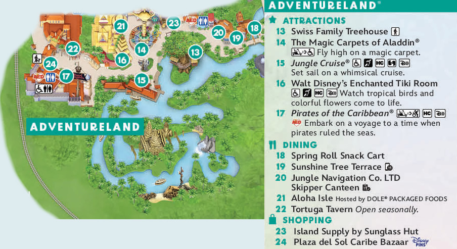 Mappa area Adventureland parco Magic Kingdom a Orlando