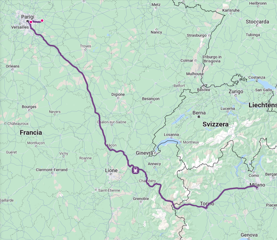 Mappa percorso Treno Frecciarossa MIlano - Torino - Parigi